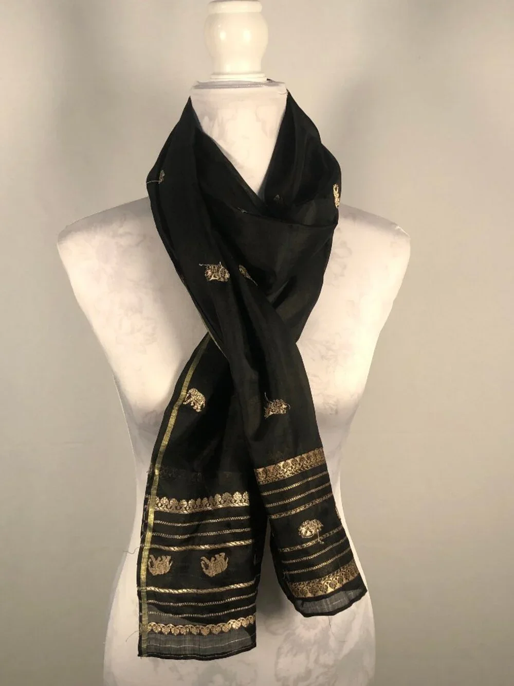 Sheer Black & Gold Embroidered Evening Scarf Shawl | Quiet Luxury
